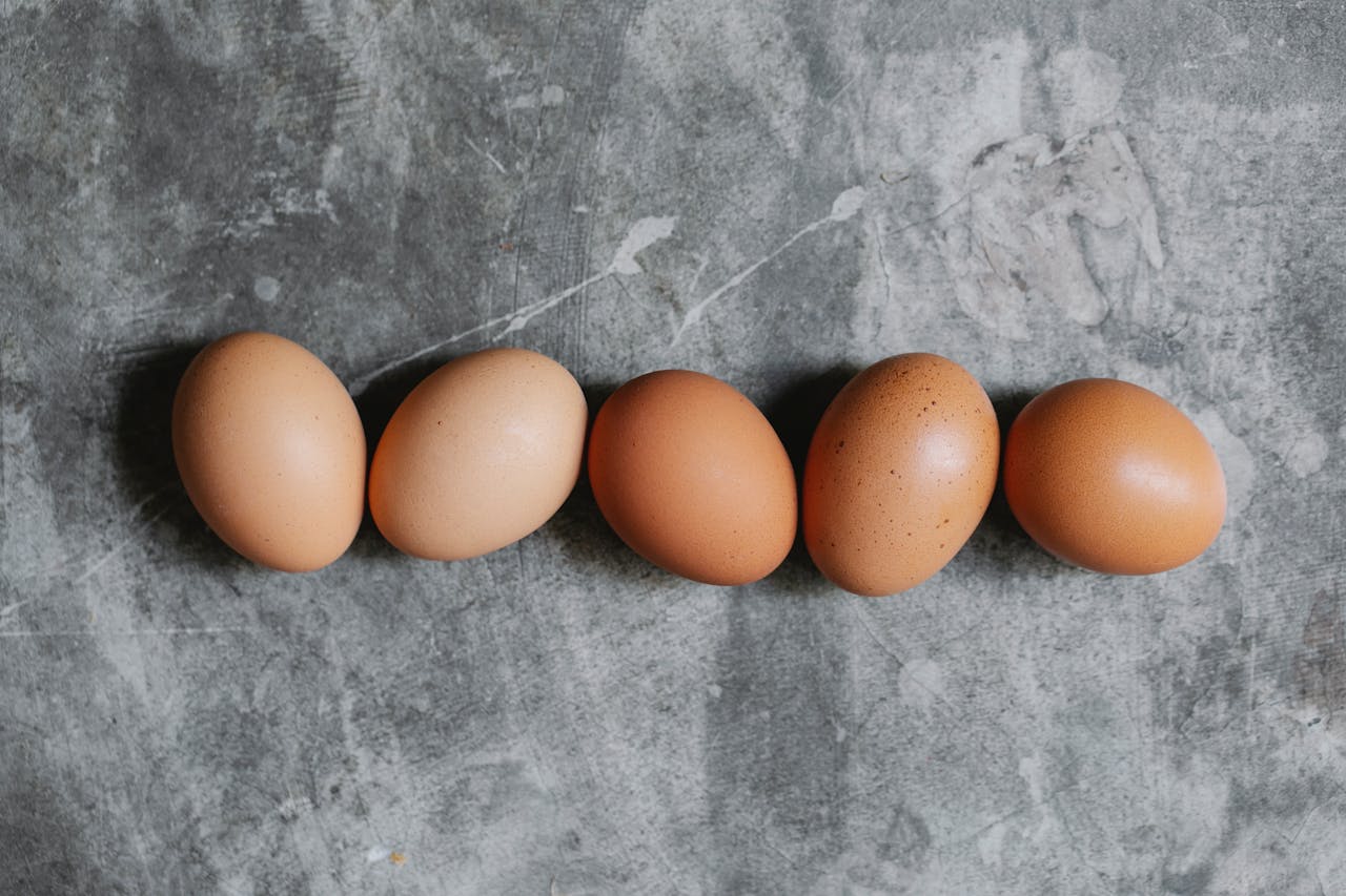 A row of fresh brown eggs placed on a textured gray surface in natural light.